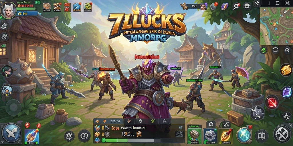 Screenshot gameplay epik 77LUCKS menampilkan pertempuran seru di dunia MMORPG.