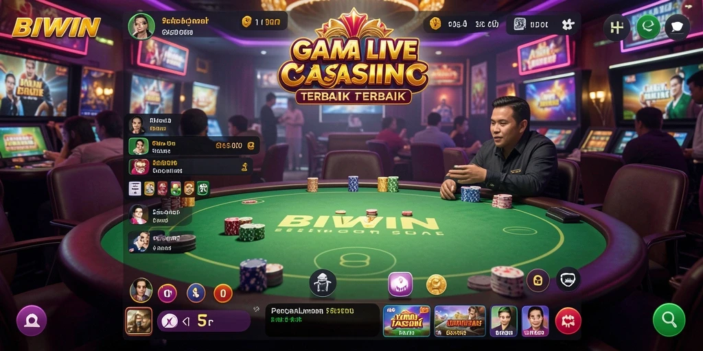 Screenshot gameplay <strong>BIWIN</strong> menampilkan dealer langsung dan meja permainan kasino.