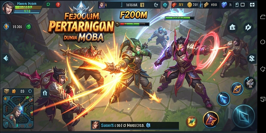 Tampilan gameplay seru F200M dalam pertarungan MOBA.