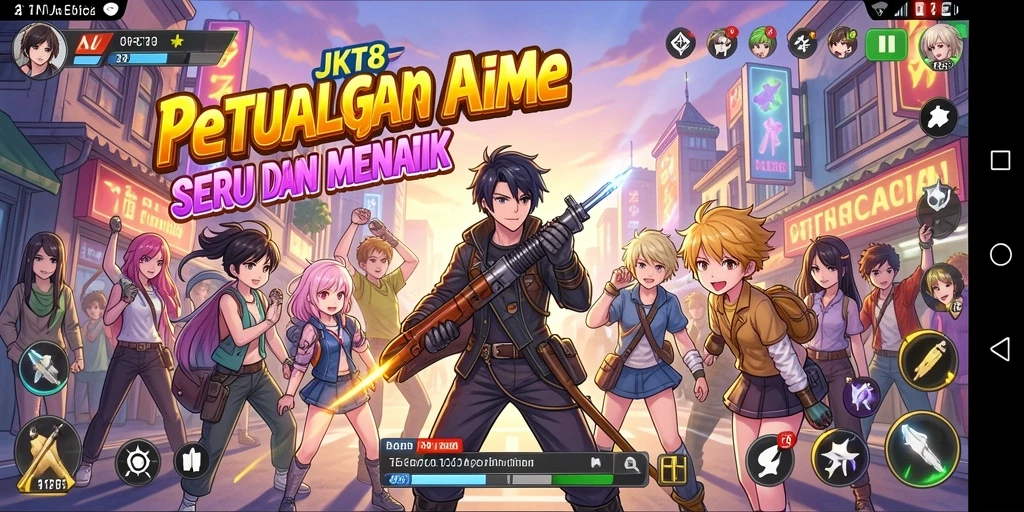 Tangkapan layar gameplay JKT8 menampilkan aksi karakter anime.