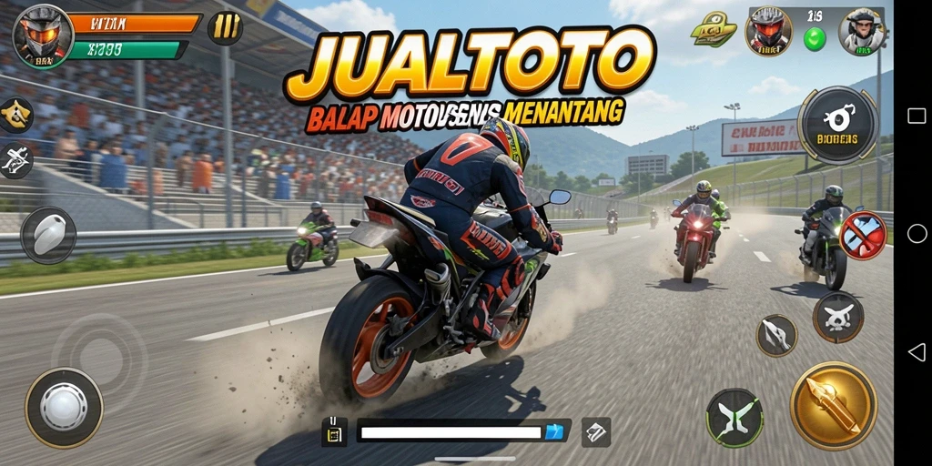 Screenshot gameplay JUALTOTO yang menunjukkan aksi balap motor yang menegangkan.