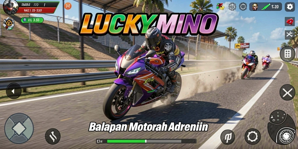 Gameplay menegangkan LUCKYMINO dengan motor berkecepatan tinggi.