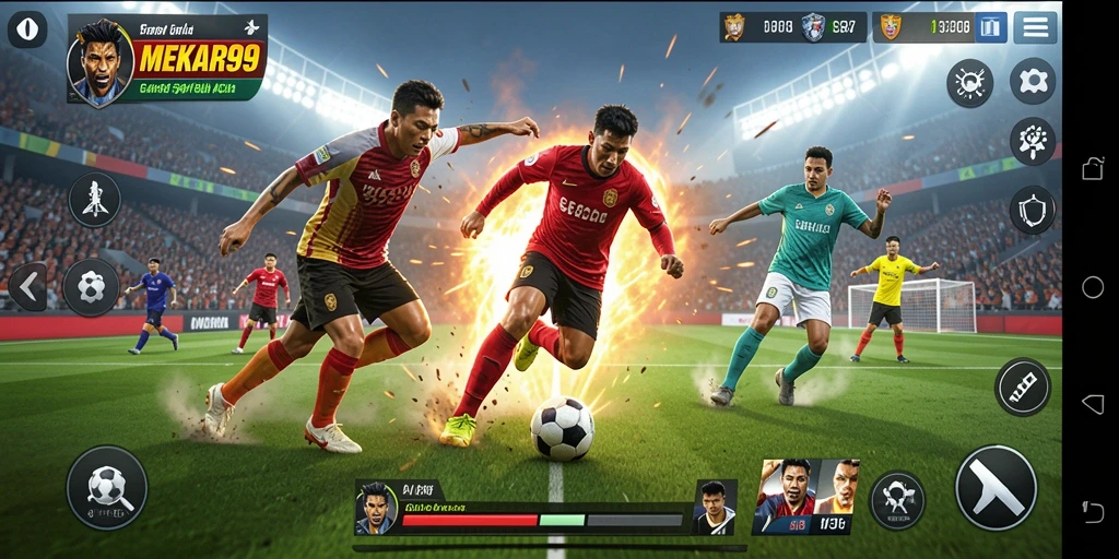 Gameplay sepak bola seru di MEKAR99 dengan grafik menawan.