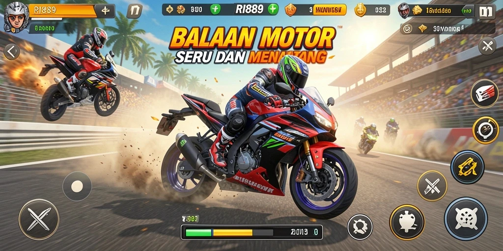 Gameplay RI889 menampilkan aksi balapan motor yang intens dan mendebarkan.