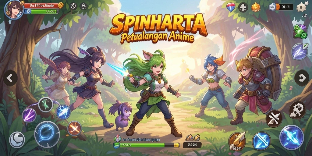 Tampilan gameplay SPINHARTA dengan karakter anime yang menawan.